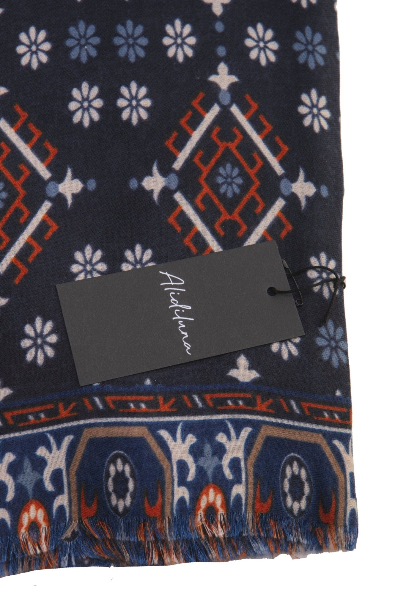 Sciarpa, foulard, Pashmina Uomo/Donna in Acrilico e Lana Blu con motivi geometrici Arancioni Bianchi - Alidiluna