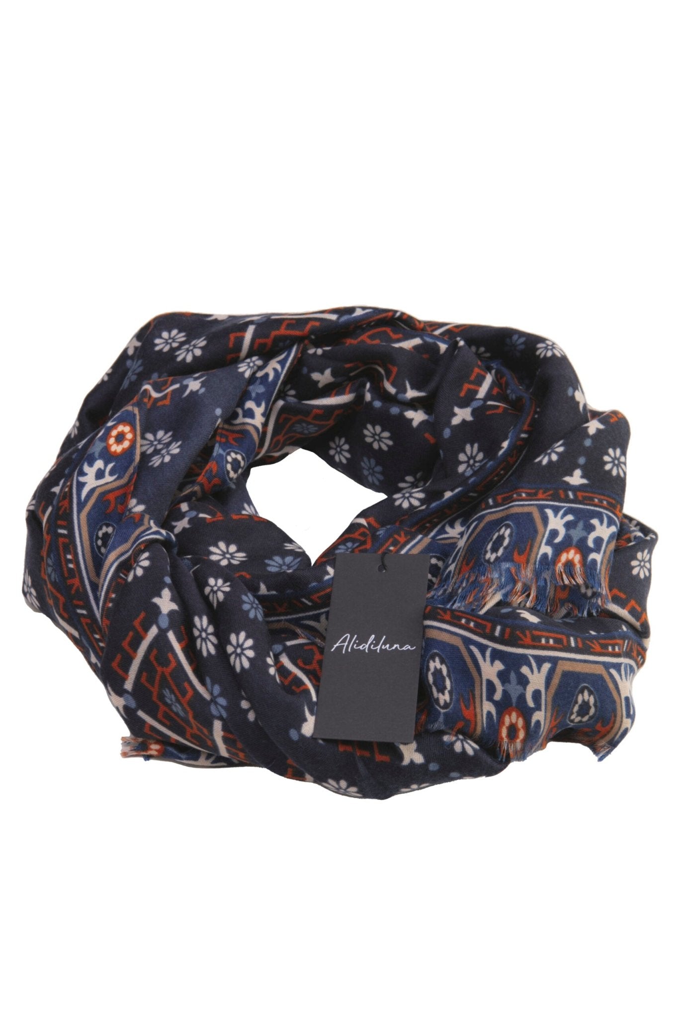 Sciarpa, foulard, Pashmina Uomo/Donna in Acrilico e Lana Blu con motivi geometrici Arancioni Bianchi - Alidiluna