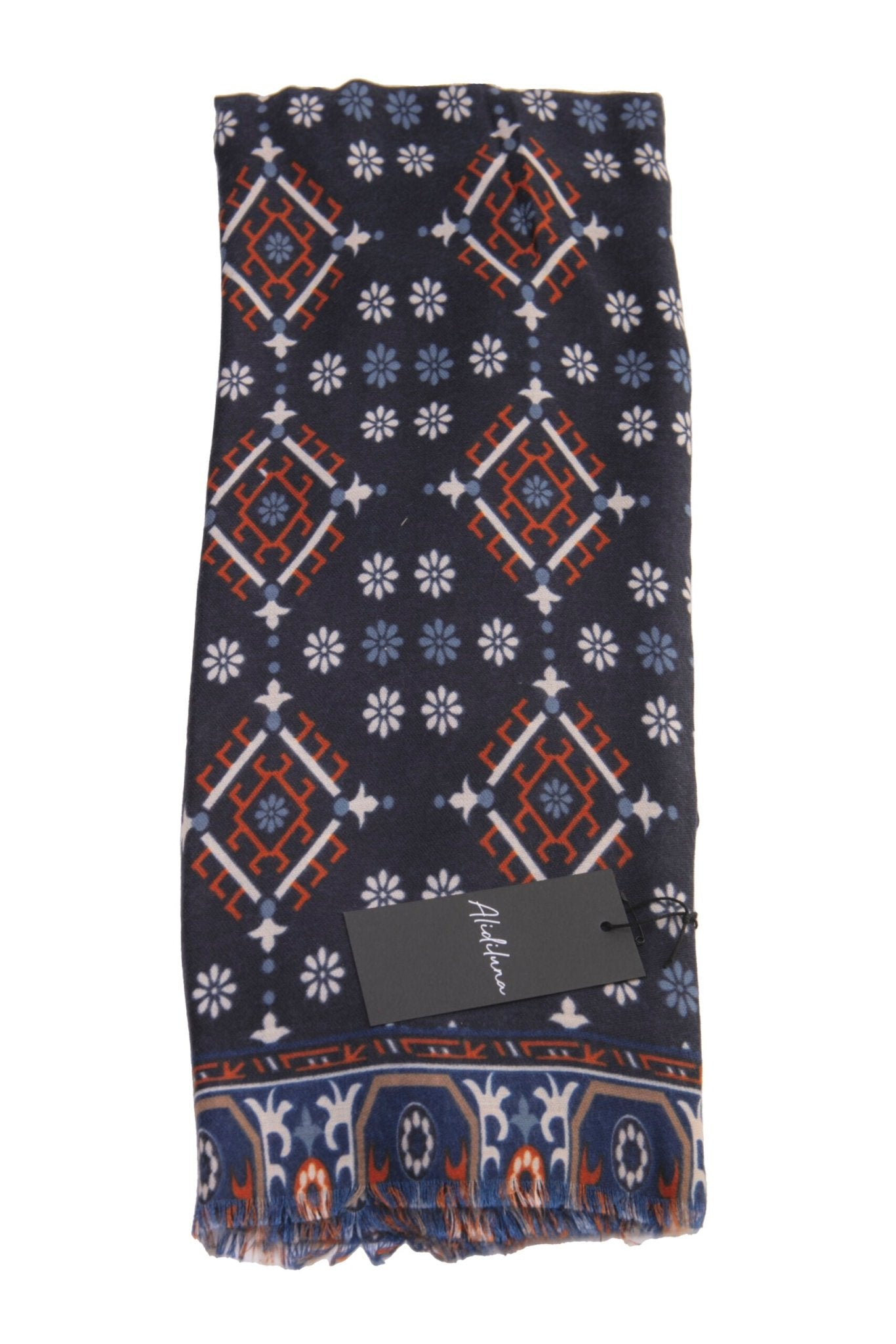 Sciarpa, foulard, Pashmina Uomo/Donna in Acrilico e Lana Blu con motivi geometrici Arancioni Bianchi - Alidiluna