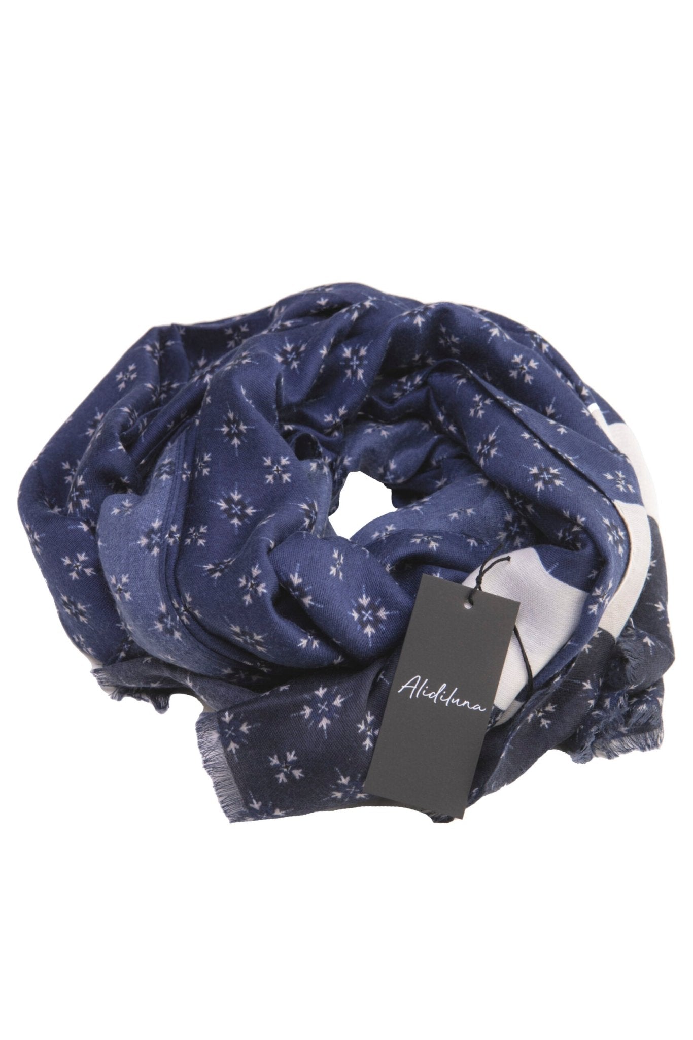 Sciarpa, foulard, Pashmina Uomo/Donna in Acrilico e Lana Blu con Motivo Geometrico e Fascia Bianca - Alidiluna