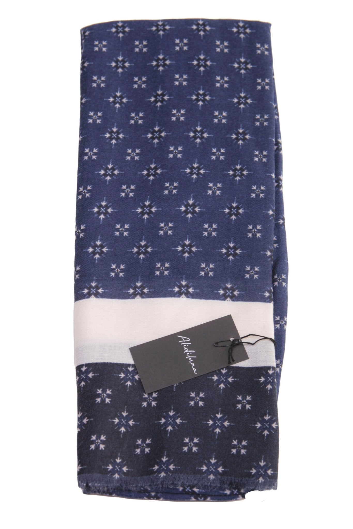 Sciarpa, foulard, Pashmina Uomo/Donna in Acrilico e Lana Blu con Motivo Geometrico e Fascia Bianca - Alidiluna