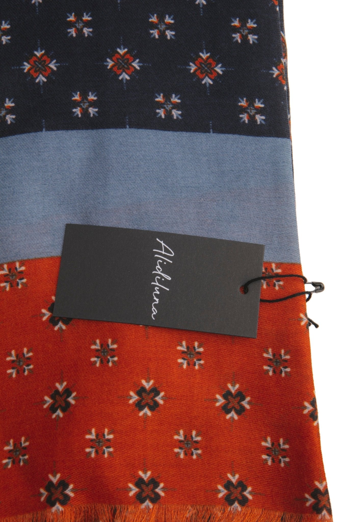 Sciarpa, foulard, Pashmina Uomo/Donna in Lana e Acrilico Blu con motivi geometri e fascia Celeste Arancione - Alidiluna