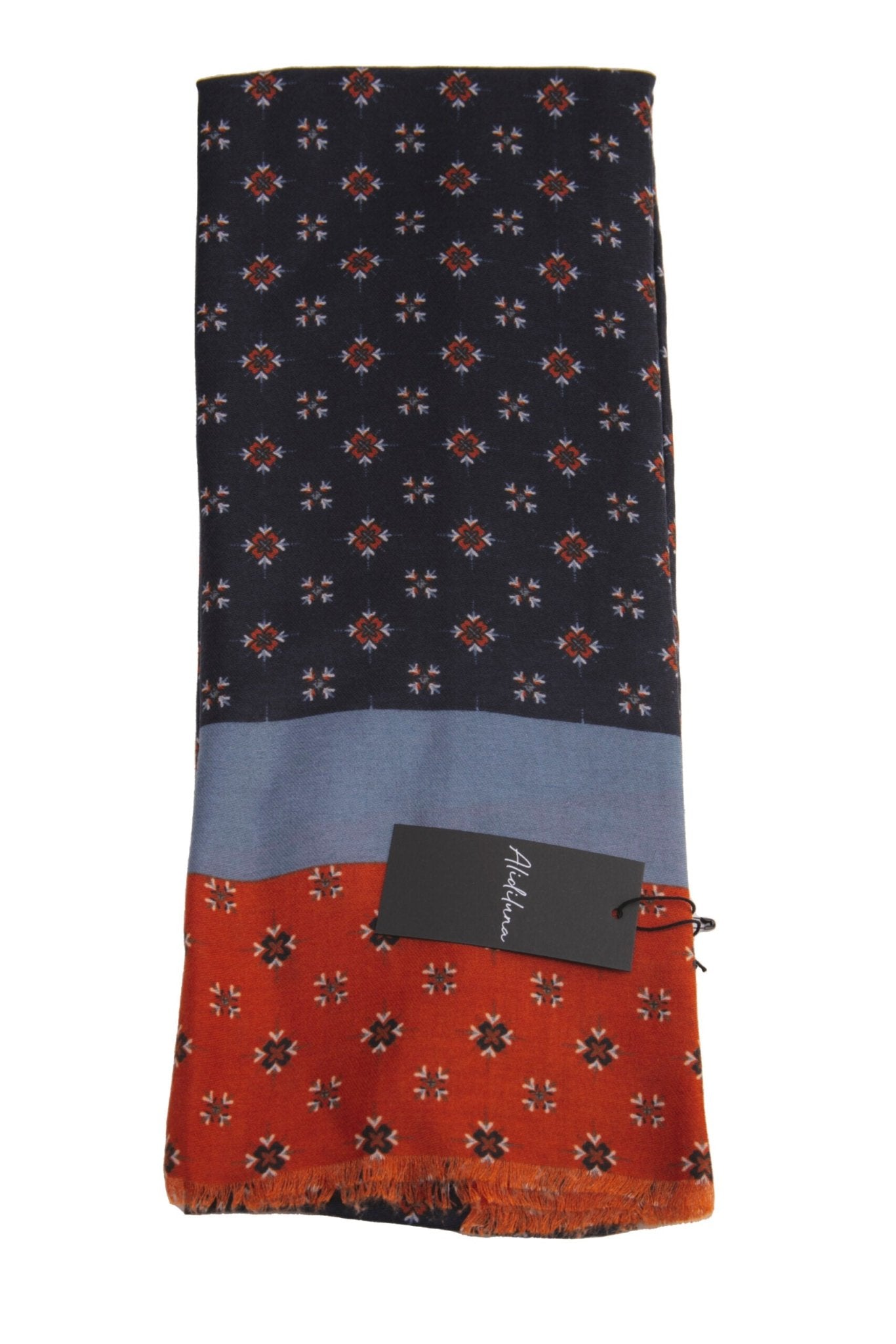 Sciarpa, foulard, Pashmina Uomo/Donna in Lana e Acrilico Blu con motivi geometri e fascia Celeste Arancione - Alidiluna