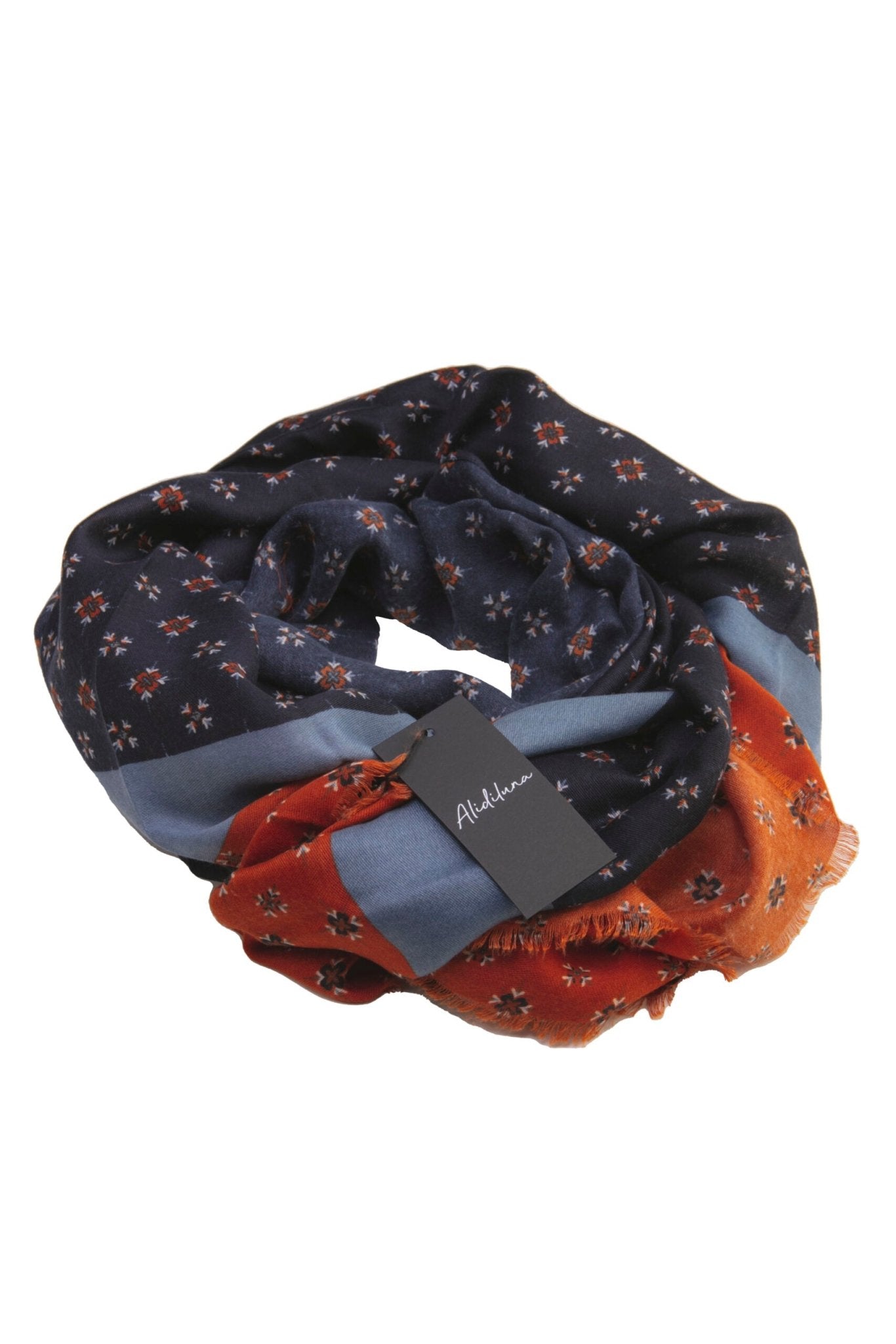 Sciarpa, foulard, Pashmina Uomo/Donna in Lana e Acrilico Blu con motivi geometri e fascia Celeste Arancione - Alidiluna