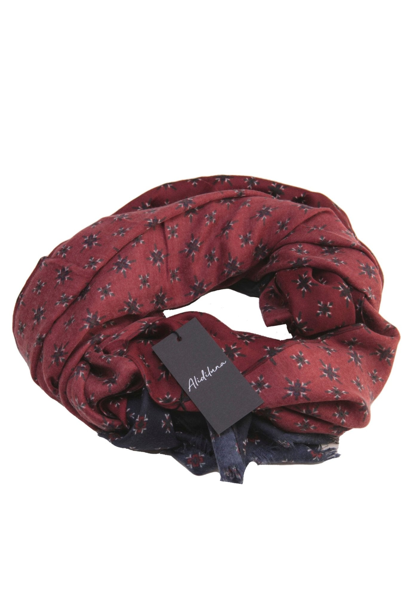 Sciarpa, foulard, Pashmina Uomo/Donna in Lana e Acrilico Bordeaux con motivo geometrico scuro fascia Verde Blu - Alidiluna