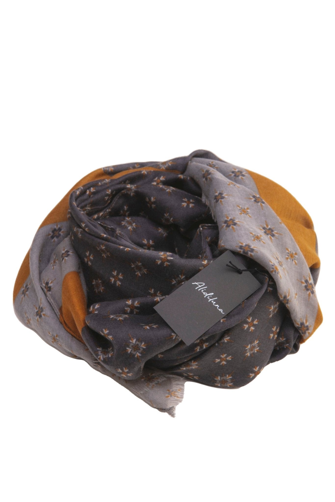Sciarpa, foulard, Pashmina Uomo/Donna in Lana e Acrilico Grigio scuro motivi geometrici con fascia ocra e grigio chiaro - Alidiluna