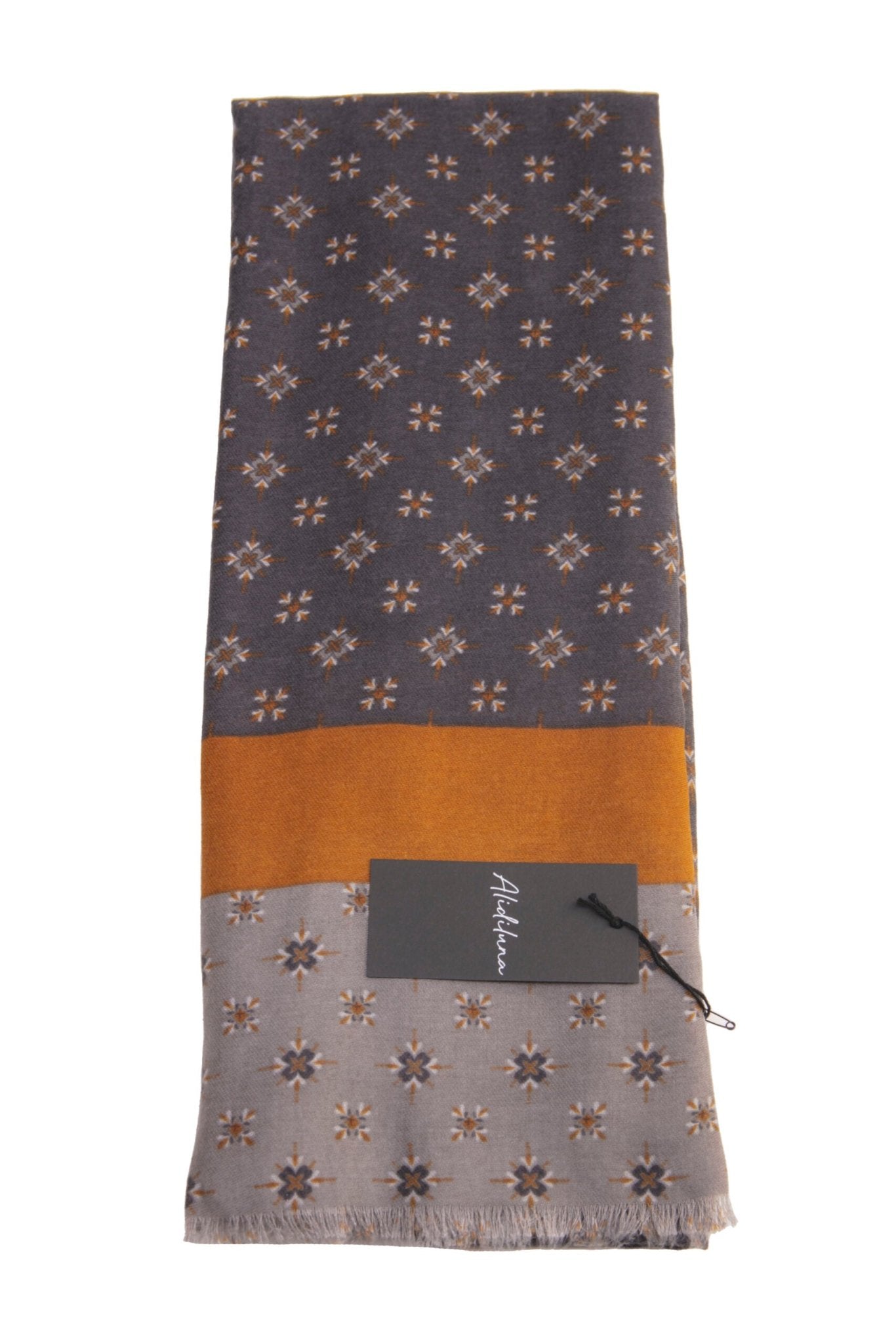 Sciarpa, foulard, Pashmina Uomo/Donna in Lana e Acrilico Grigio scuro motivi geometrici con fascia ocra e grigio chiaro - Alidiluna