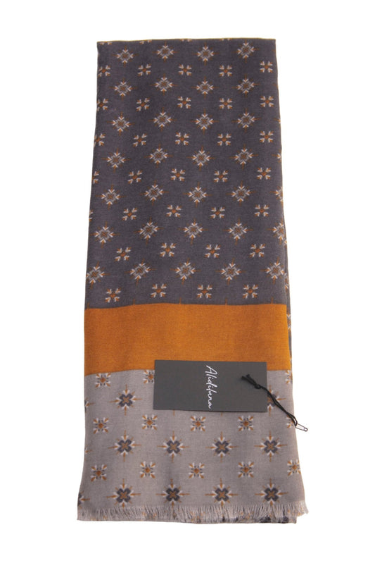 Sciarpa, foulard, Pashmina Uomo/Donna in Lana e Acrilico Grigio scuro motivi geometrici con fascia ocra e grigio chiaro - Alidiluna