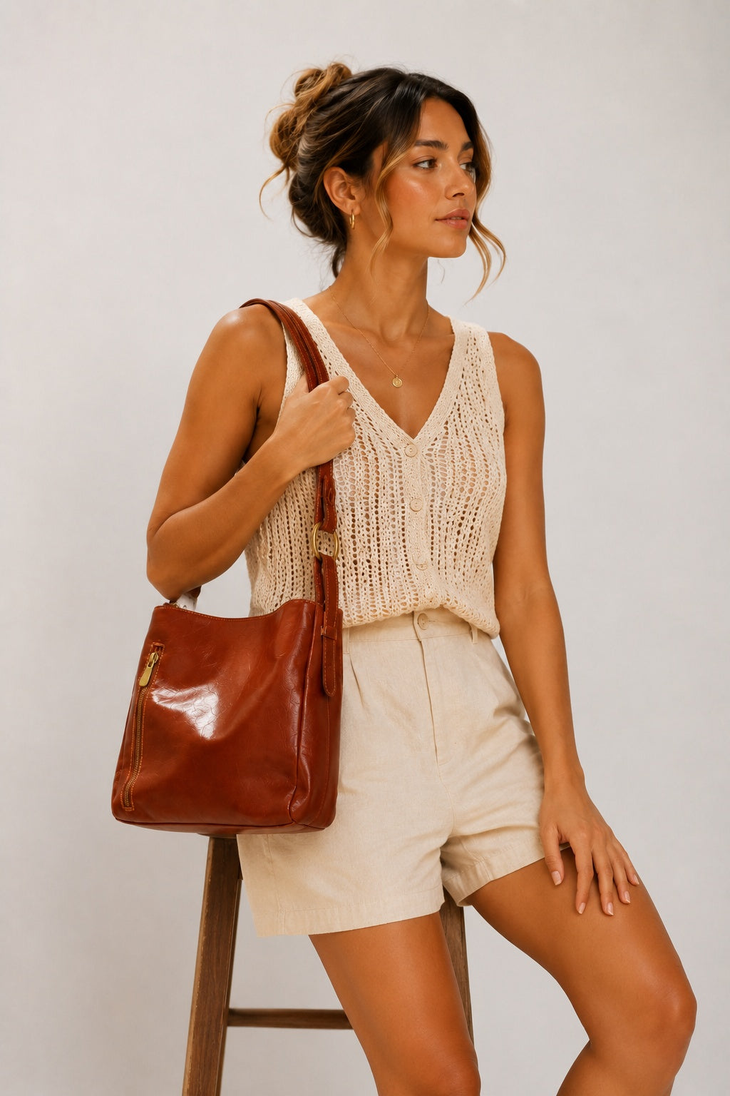 Paola Women's Shoulder Bag in Elegant Cognac Genuine Leather
