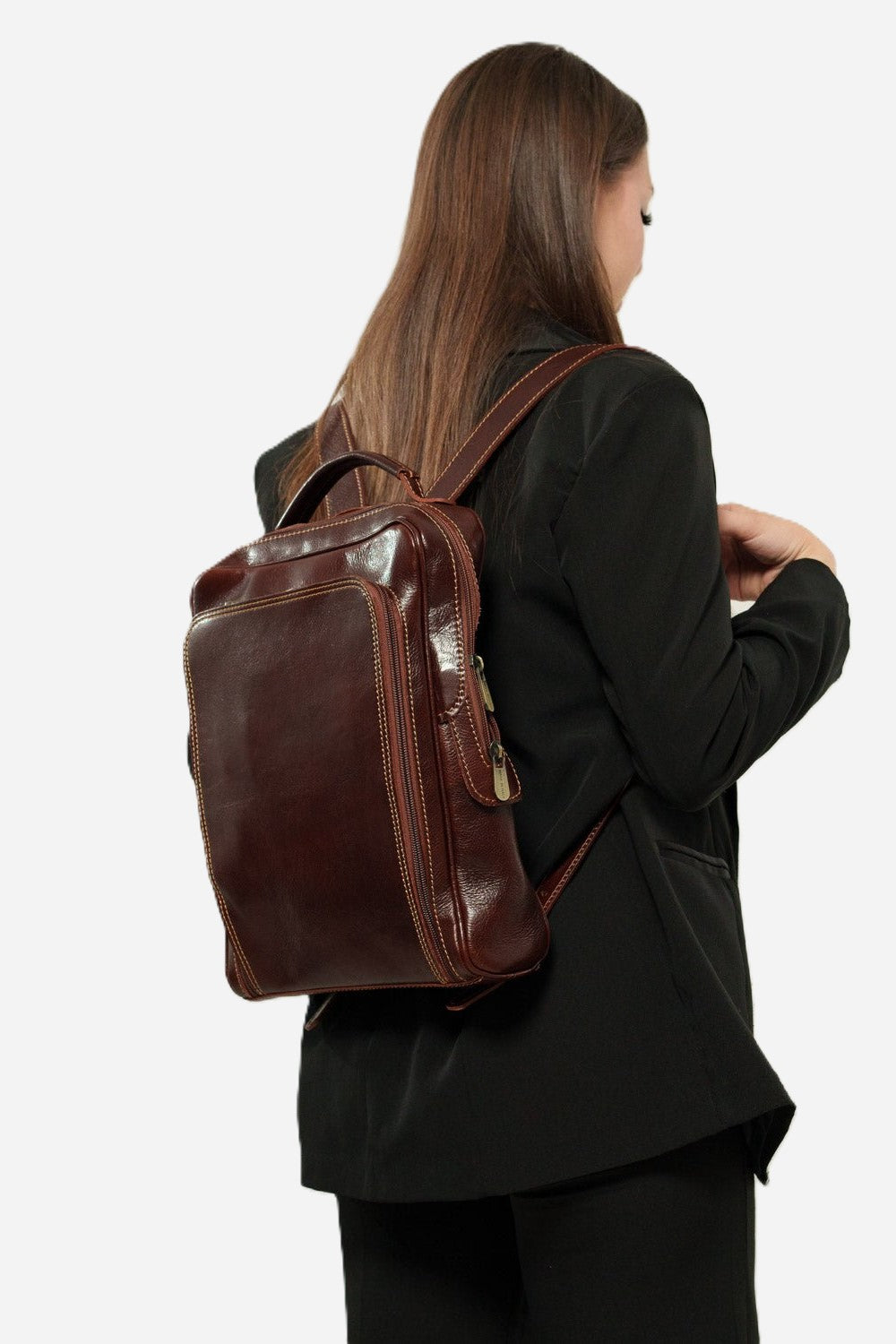 Maria Elena women's backpack in genuine dark brown leather with laptop compartment