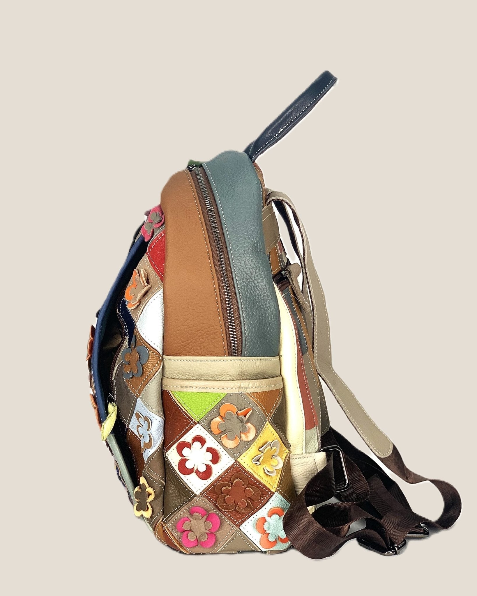 Zaino borsa a mano donna Concetta in vera pelle Multicolore applicazioni fluoreali - Alidiluna