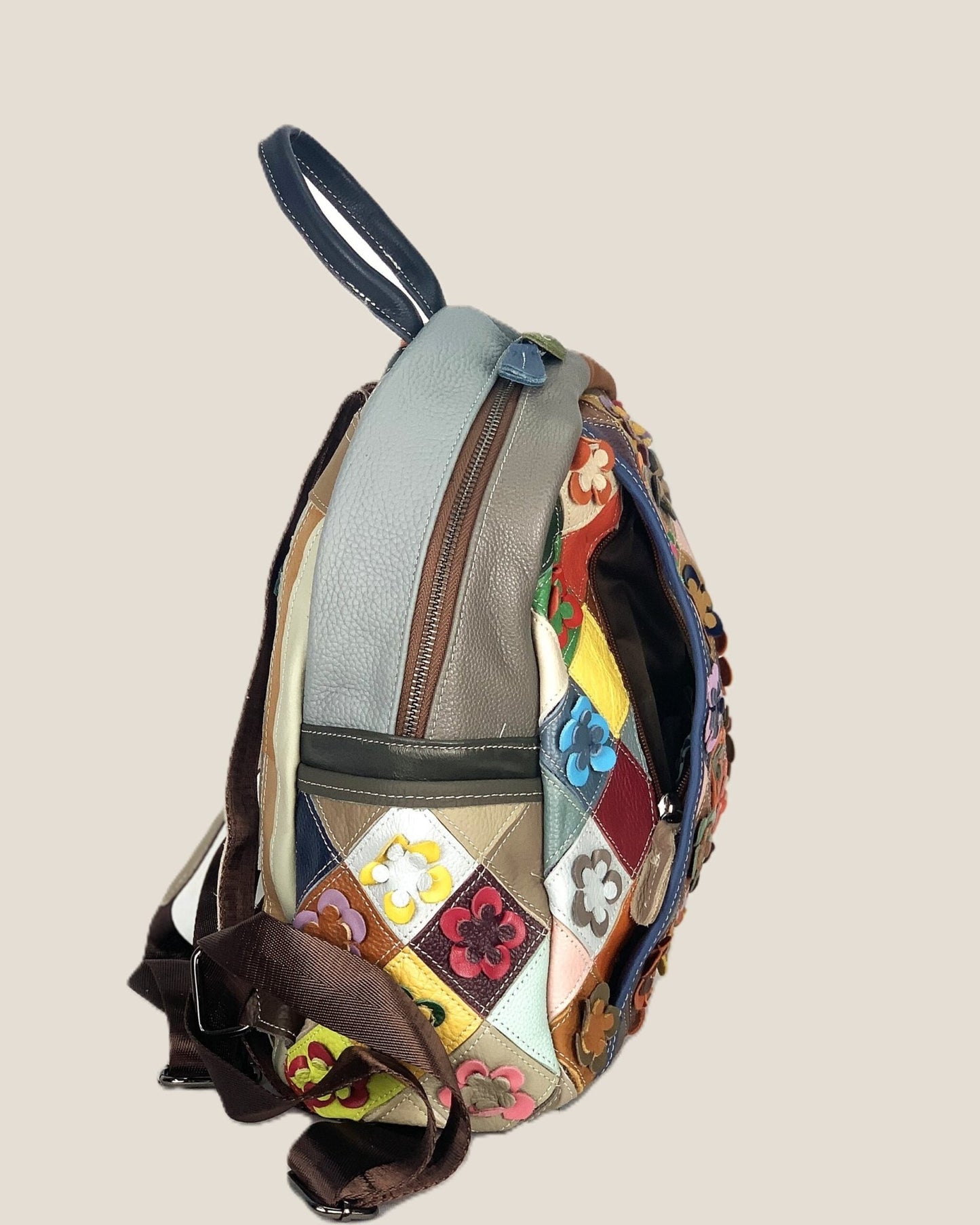 Zaino borsa a mano donna Concetta in vera pelle Multicolore applicazioni fluoreali - Alidiluna