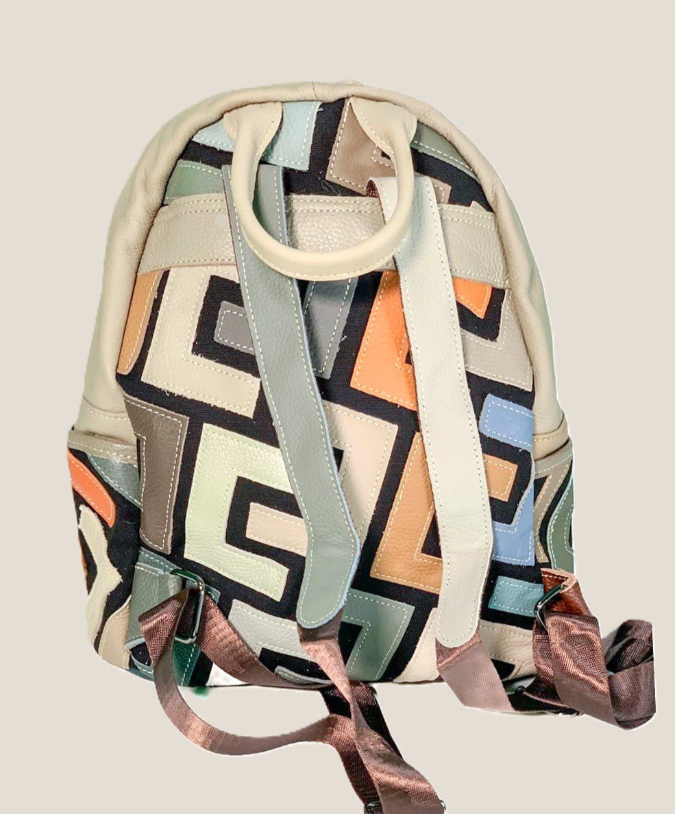 Zaino borsa a mano donna Katia in vera pelle chiaro geometrico multicolore - Alidiluna