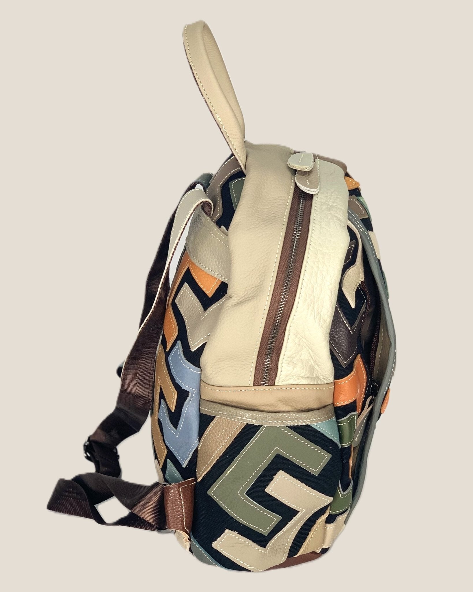 Zaino borsa a mano donna Katia in vera pelle chiaro geometrico multicolore - Alidiluna