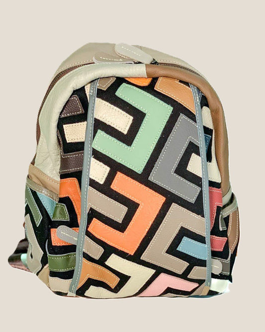 Zaino borsa a mano donna Katia in vera pelle chiaro geometrico multicolore - Alidiluna