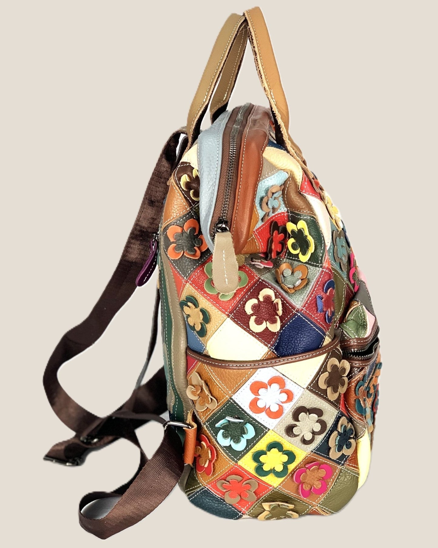 Zaino borsa a mano Valeria in vera pelle modello patchwork multicolore fiorellini - Alidiluna