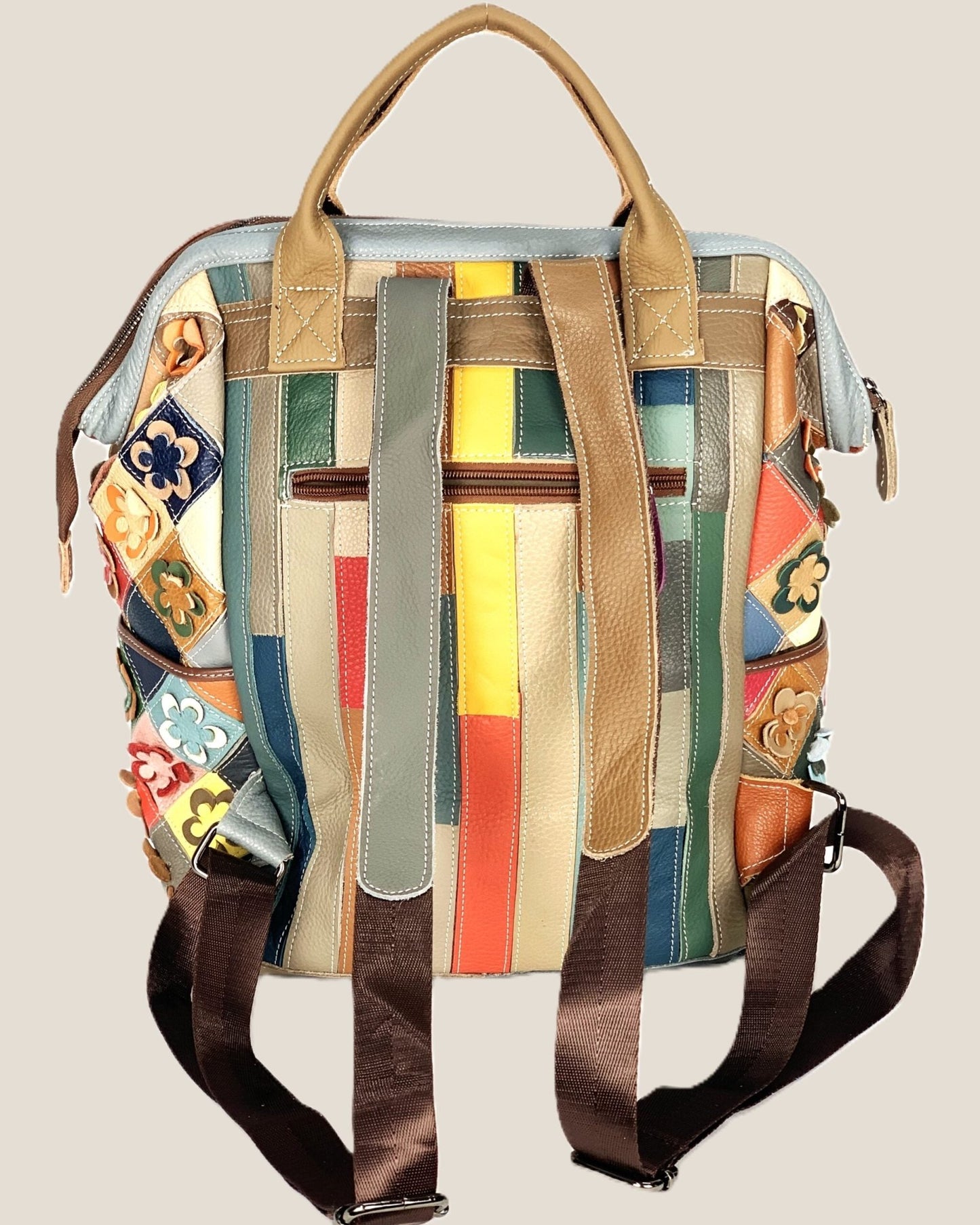 Zaino borsa a mano Valeria in vera pelle modello patchwork multicolore fiorellini - Alidiluna