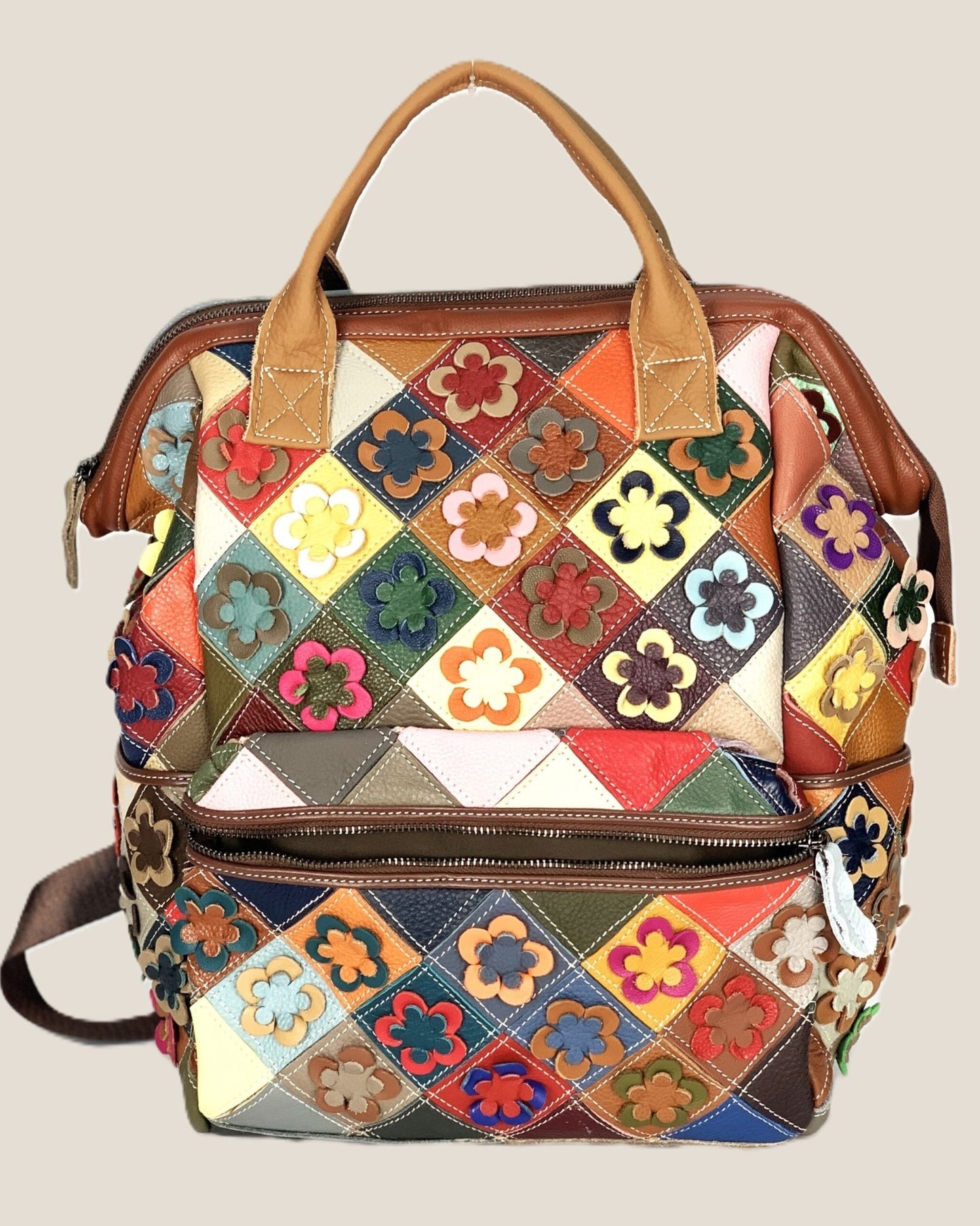 Zaino borsa a mano Valeria in vera pelle modello patchwork multicolore fiorellini - Alidiluna