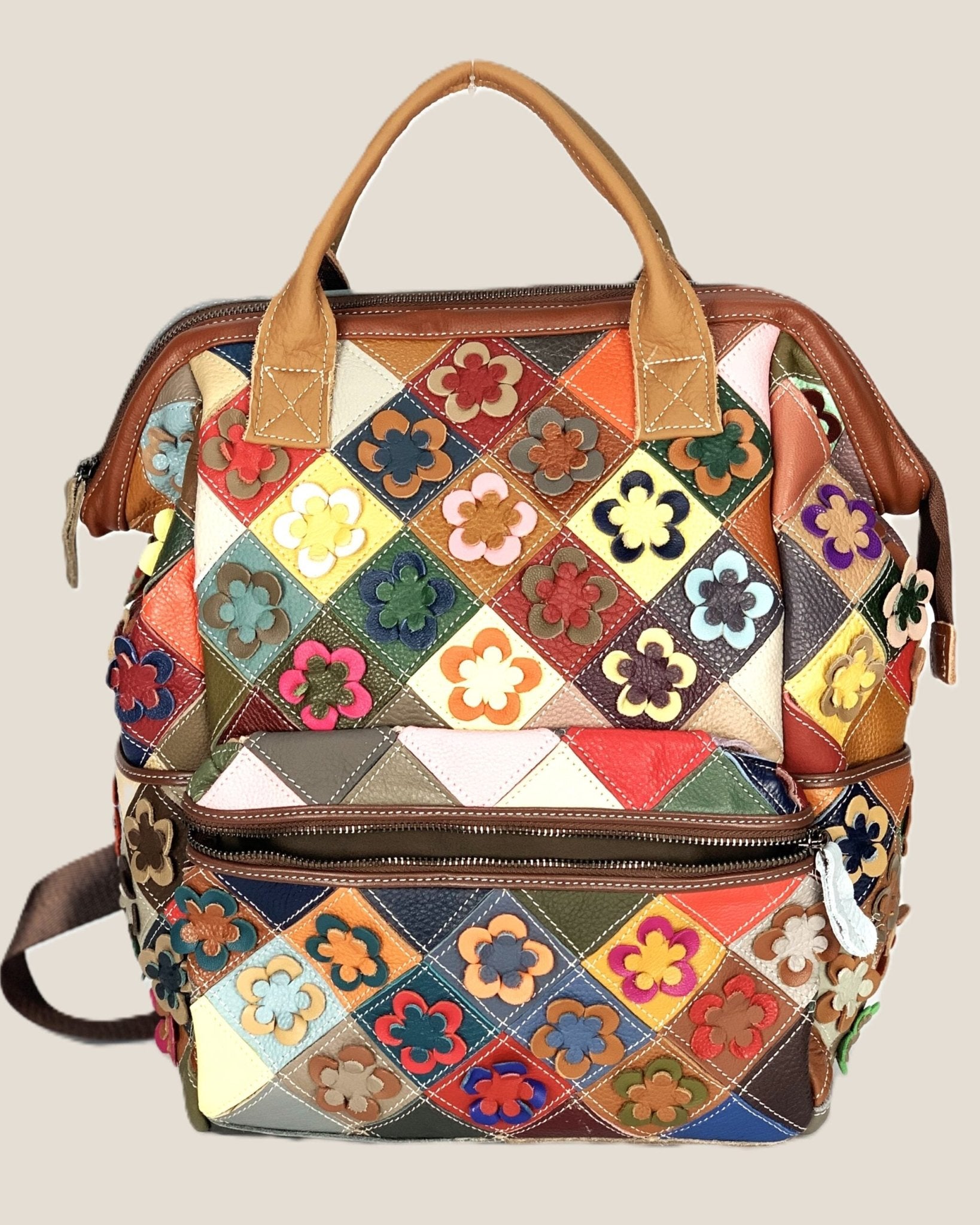 Zaino borsa a mano Valeria in vera pelle modello patchwork multicolore fiorellini - Alidiluna