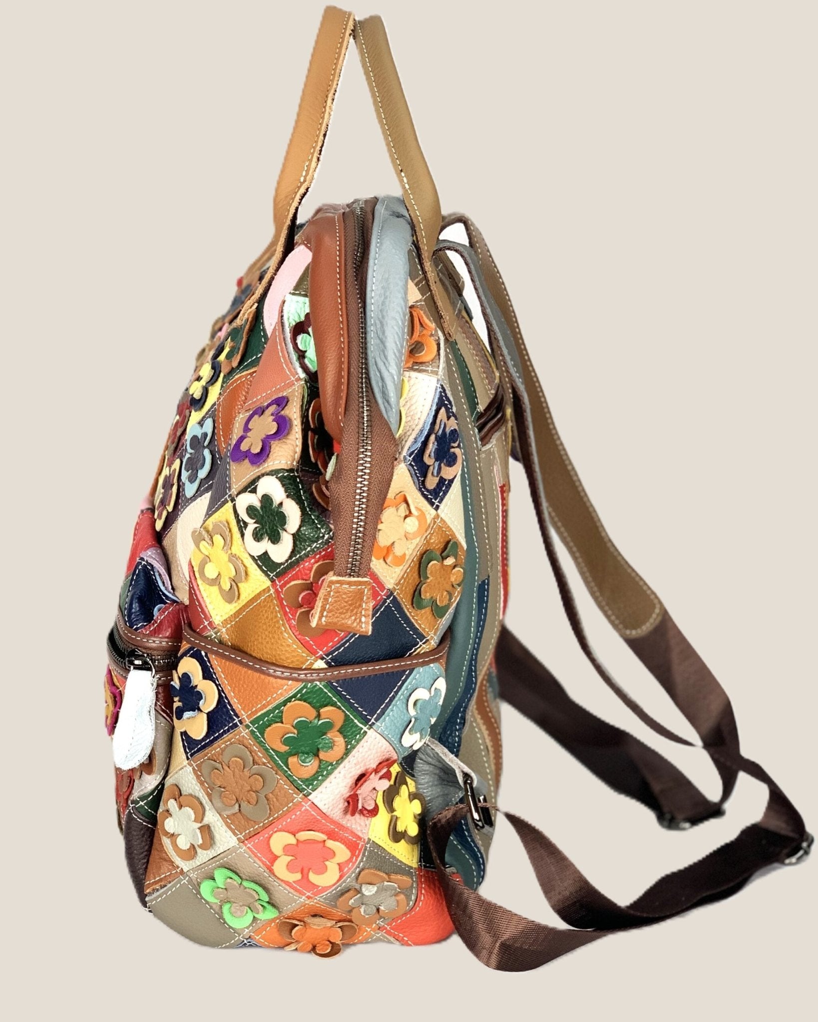 Zaino borsa a mano Valeria in vera pelle modello patchwork multicolore fiorellini - Alidiluna