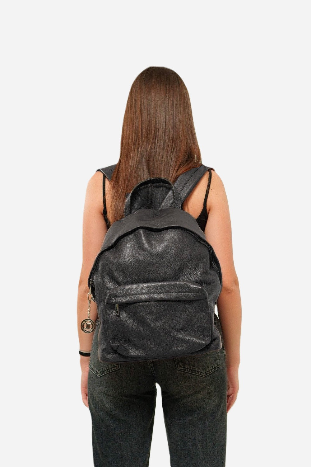 Federica women's backpack in genuine black leather with laptop compartment and zip pockets