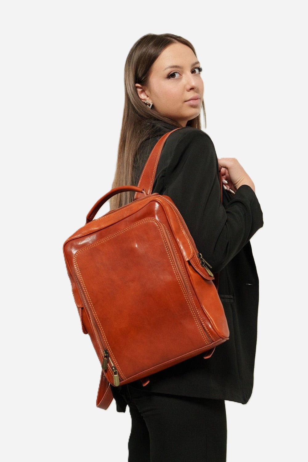 Maria Elena Women's Backpack in Genuine Cognac Leather with Laptop Compartment