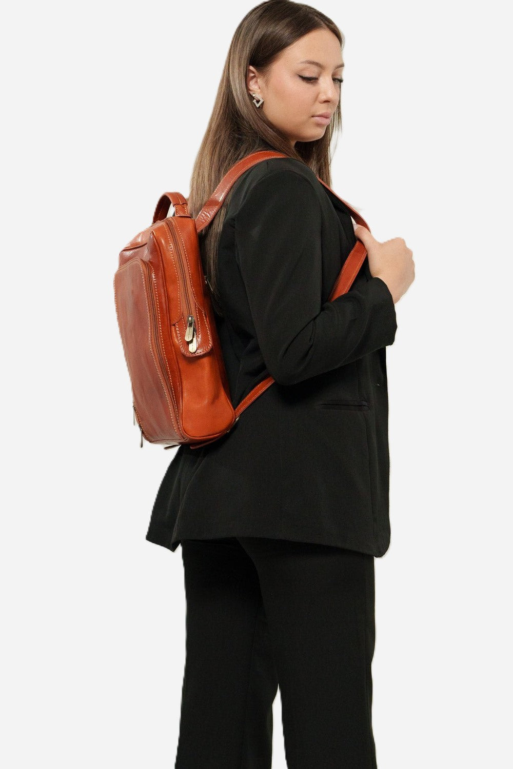 Maria Elena Women's Backpack in Genuine Cognac Leather with Laptop Compartment