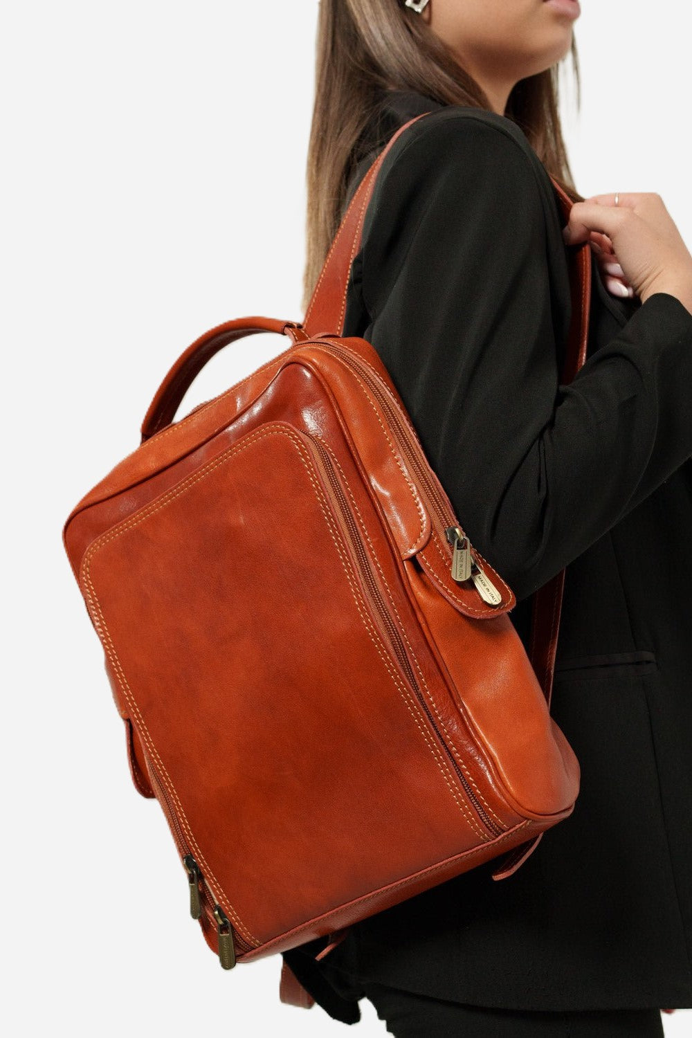 Maria Elena Women's Backpack in Genuine Cognac Leather with Laptop Compartment