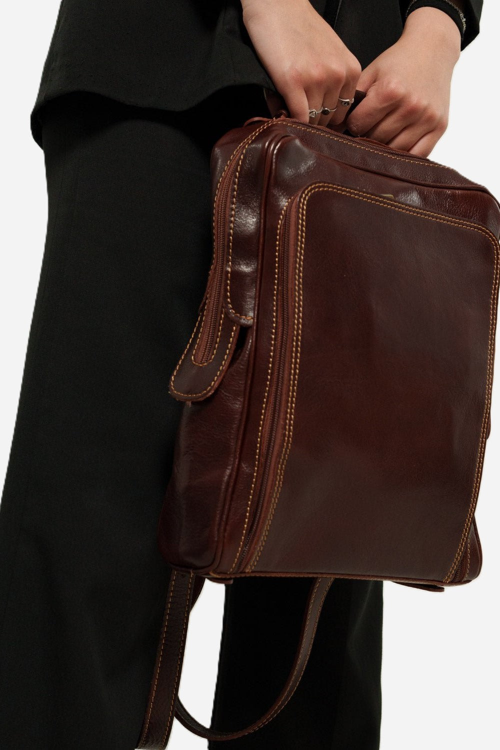 Maria Elena women's backpack in genuine dark brown leather with laptop compartment