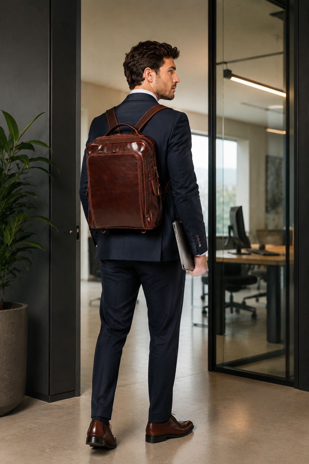 Maria Elena women's backpack in genuine dark brown leather with laptop compartment