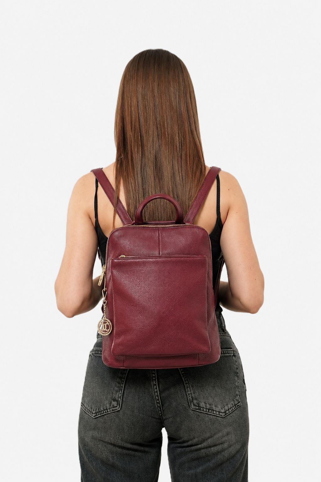 Cristina women's backpack in genuine wine-colored leather with zip pockets 